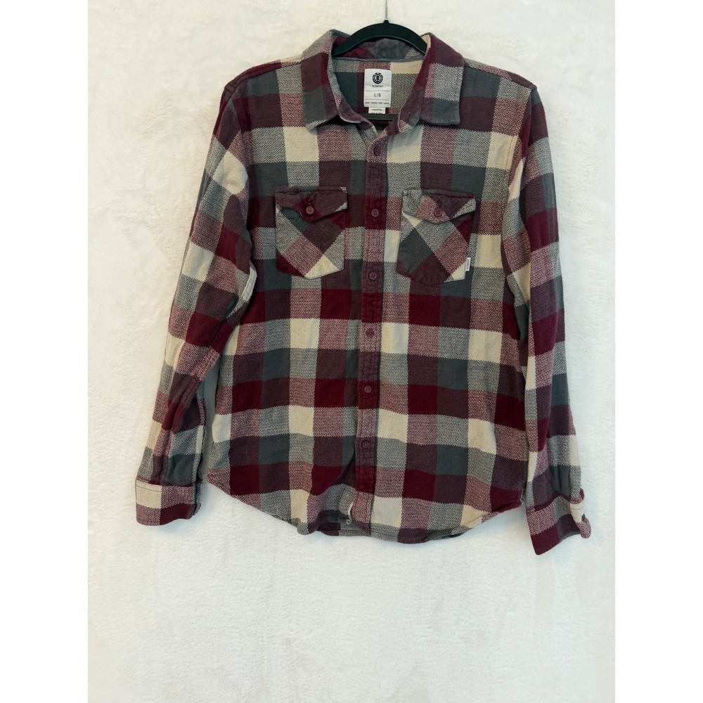 Element Mens Burgundy Grey Plaid Flannel Button Down‎ Shirt M506HTAC Size Large
